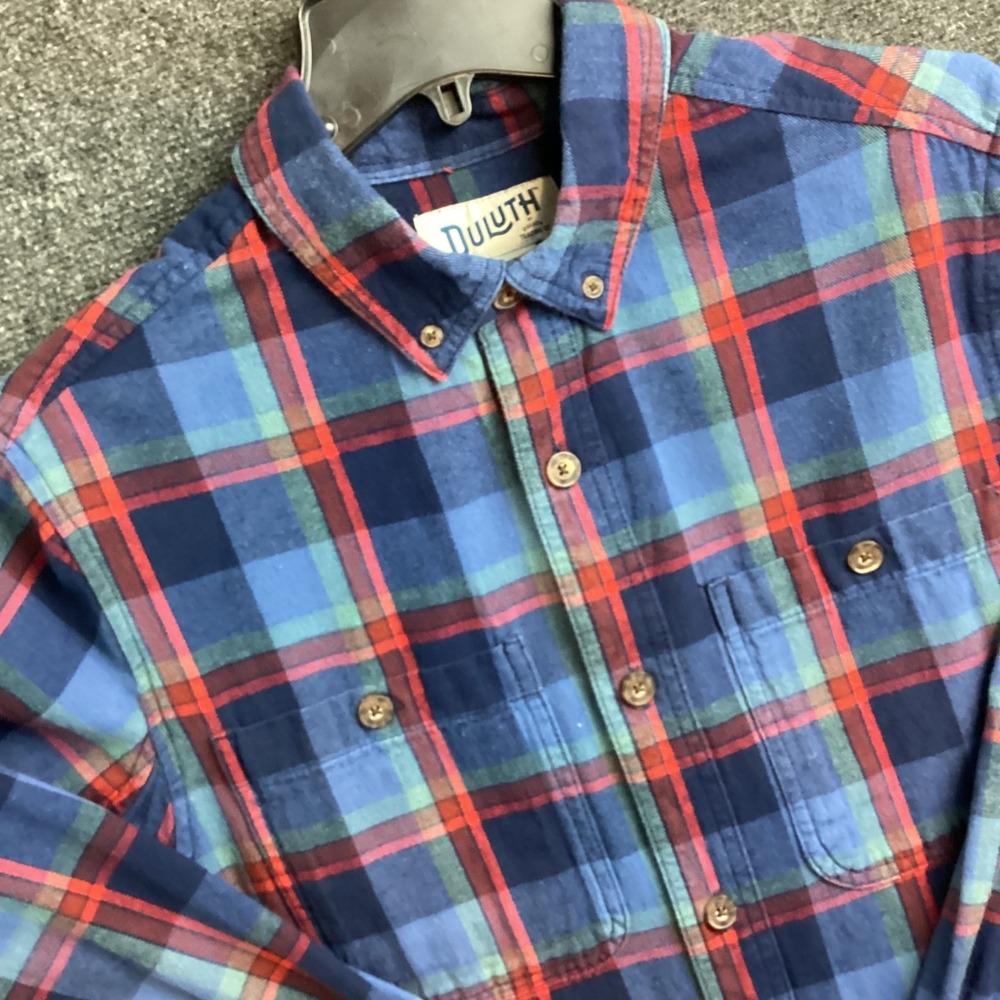 Duluth Trading Co Mens Slim Fit Plaid Flannel Shirt Blue Red Green Medium 241